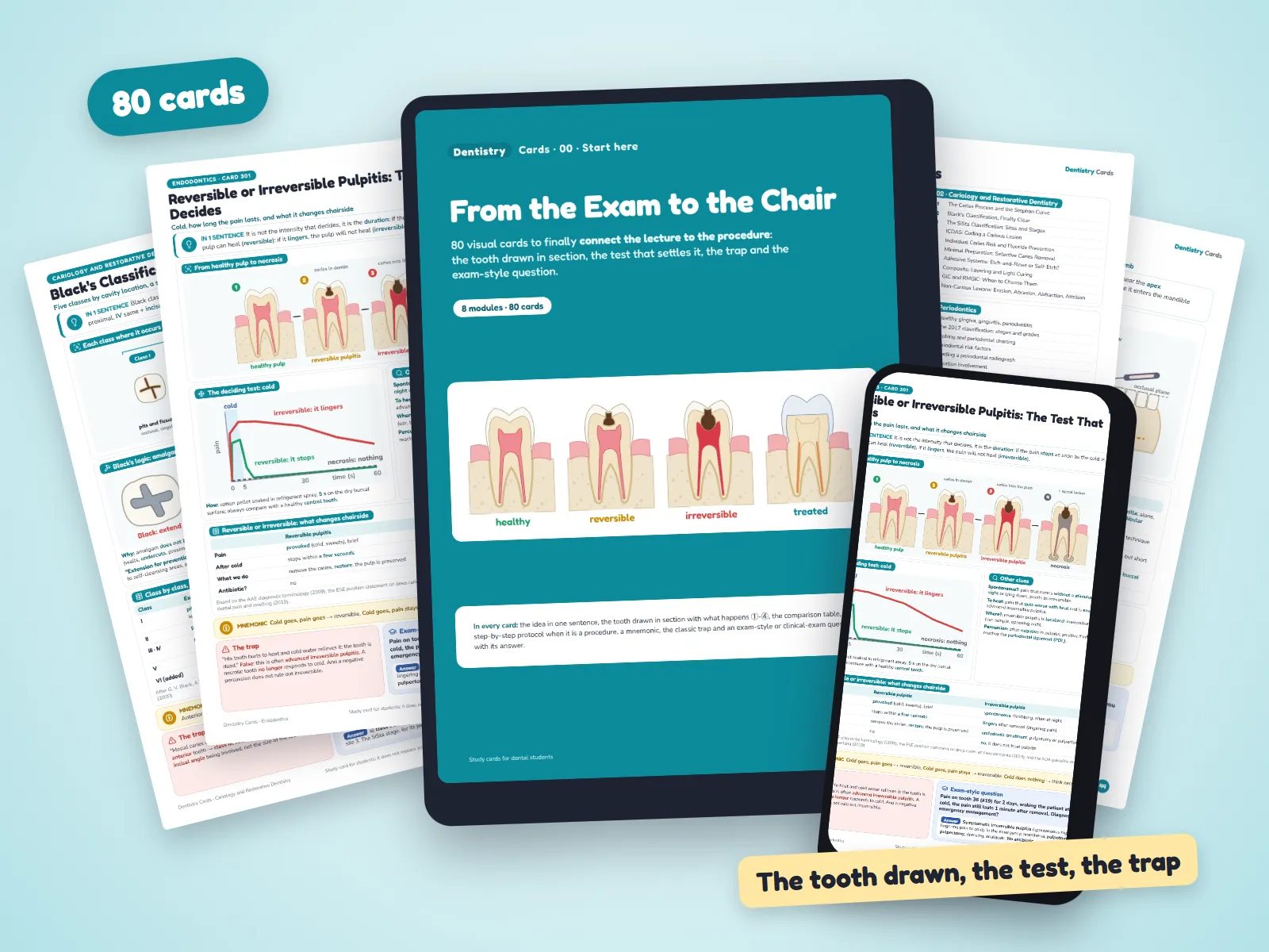 Dentistry Cards: the cover on a tablet, a card on a phone and several cards around them